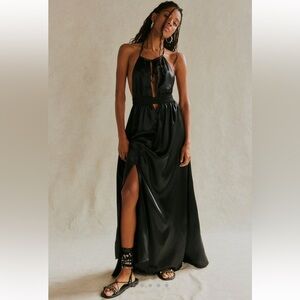 Free People Look Into The Sun Satin Cutouts Halter Gown Maxi Dress Black Sz M